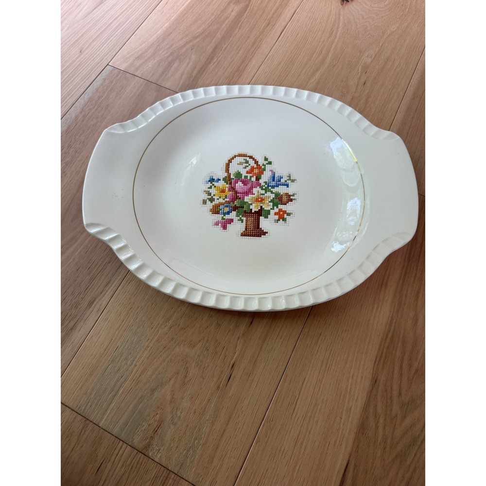 Salem China Sampler Platter Vintage 13.5in Cream 23K‎ Gold Floral Cross Stitch